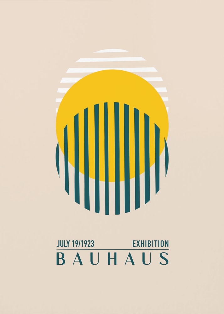 Bauhaus exhibition yellow circle poster with a minimalist graphic of a yellow circle, green vertical stripes and white lines labeled Bauhaus Exhibition