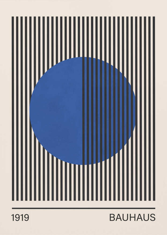 Bauhaus geometric blue circle 1919 poster with a Bauhaus-style geometric blue circle over vertical black stripes labeled 1919 Bauhaus