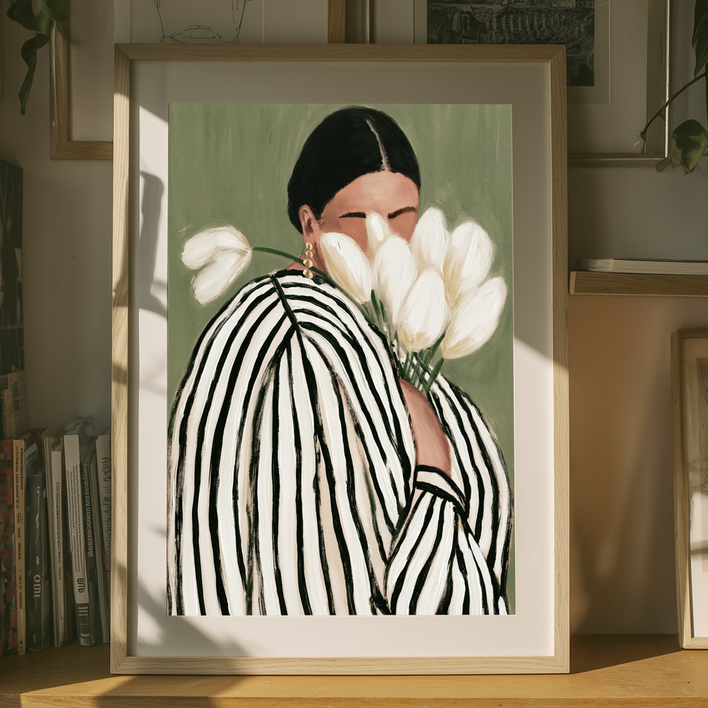 Kvinde med blomster, stribet kvinde med tulipaner illustration plakat