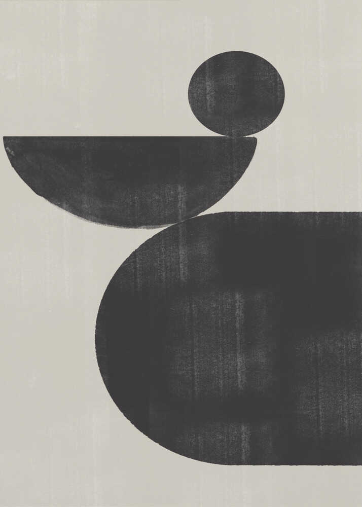 Black shapes abstract poster with black geometric shapes including a circle and semicircle on a beige background