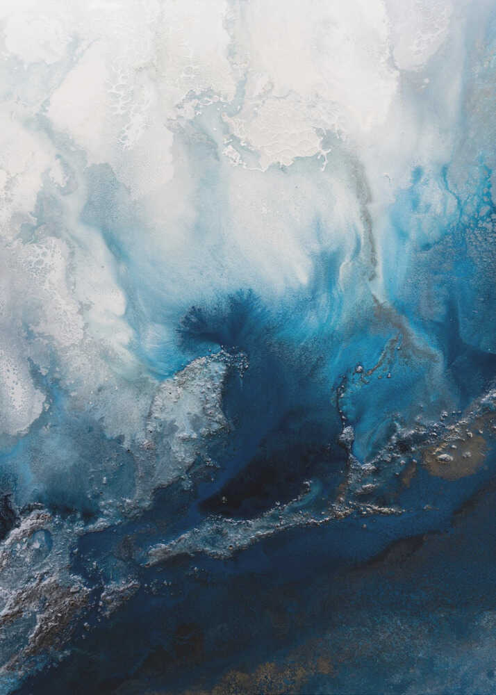 Blue abstract ocean poster with abstract fluid art in blues and whites resembling ocean waves