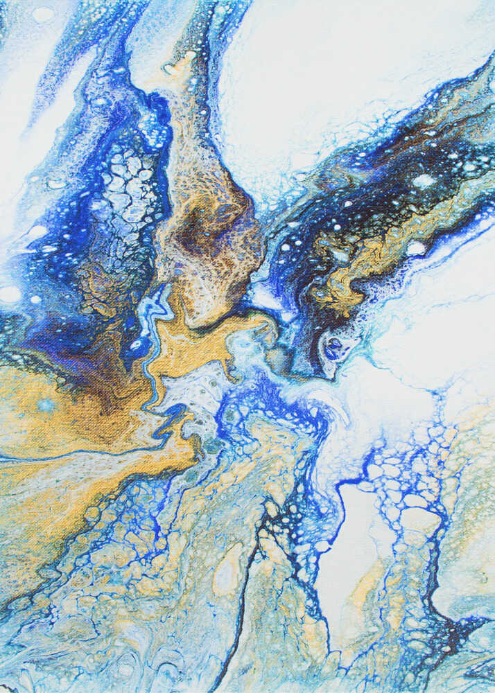 Blue gold fluid poster with abstract fluid art in blues gold and white with cellular patterns