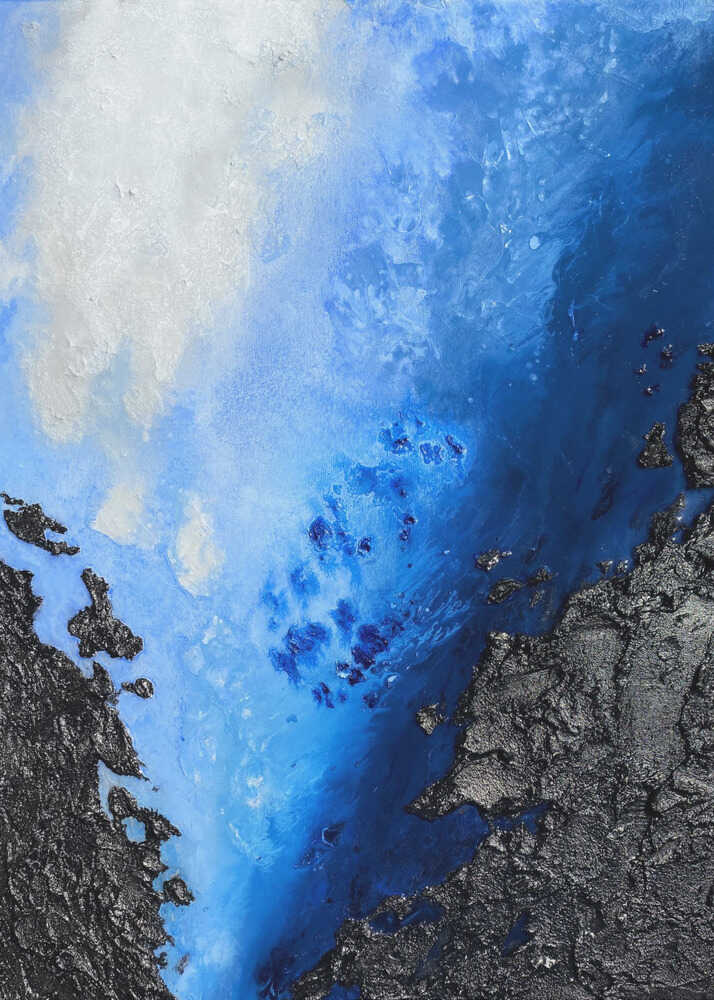 Blue texture abstract poster with abstract painting in blues whites and dark textures