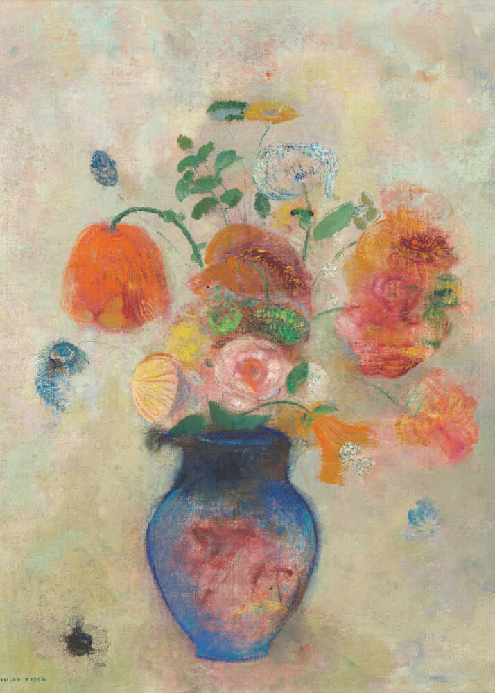 Blue vase flowers painting poster with an impressionist painting of a blue vase with colorful flowers