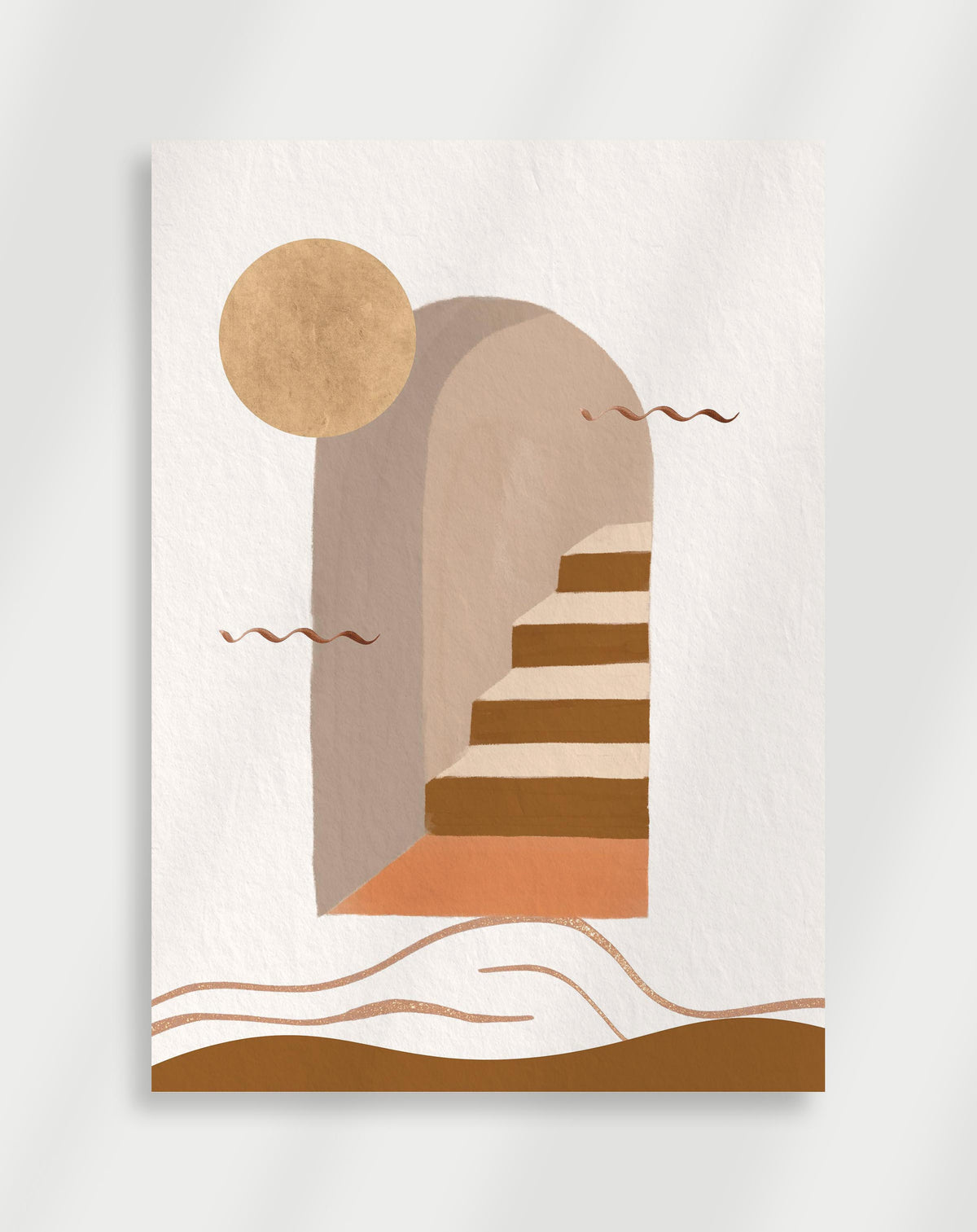 Boho arch stairs poster with a minimalist composition of an arched doorway, stairs and a sun in earth tones on a white background