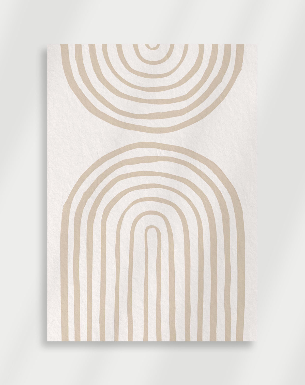 Boho beige arches poster with a minimalist geometric composition of beige concentric arches and semi-circles on a white background