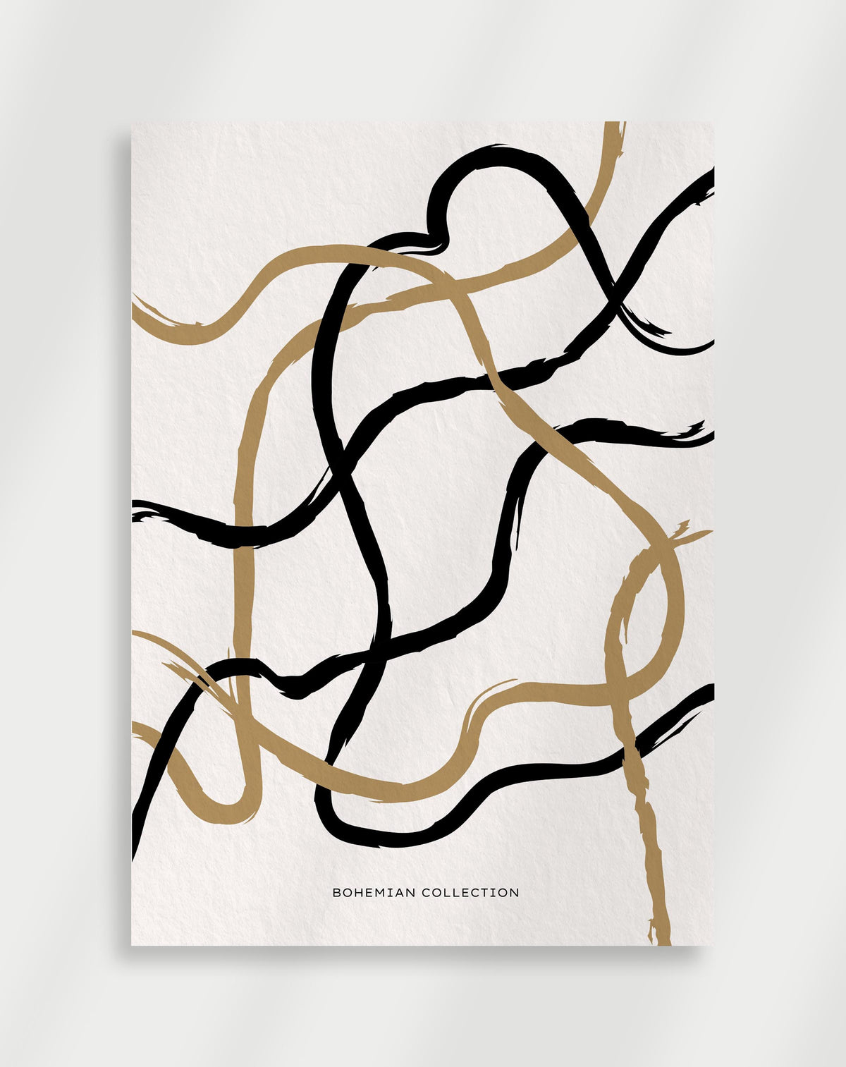 Boho black gold lines poster with an abstract composition of black and gold wavy brushstroke lines on a white background
