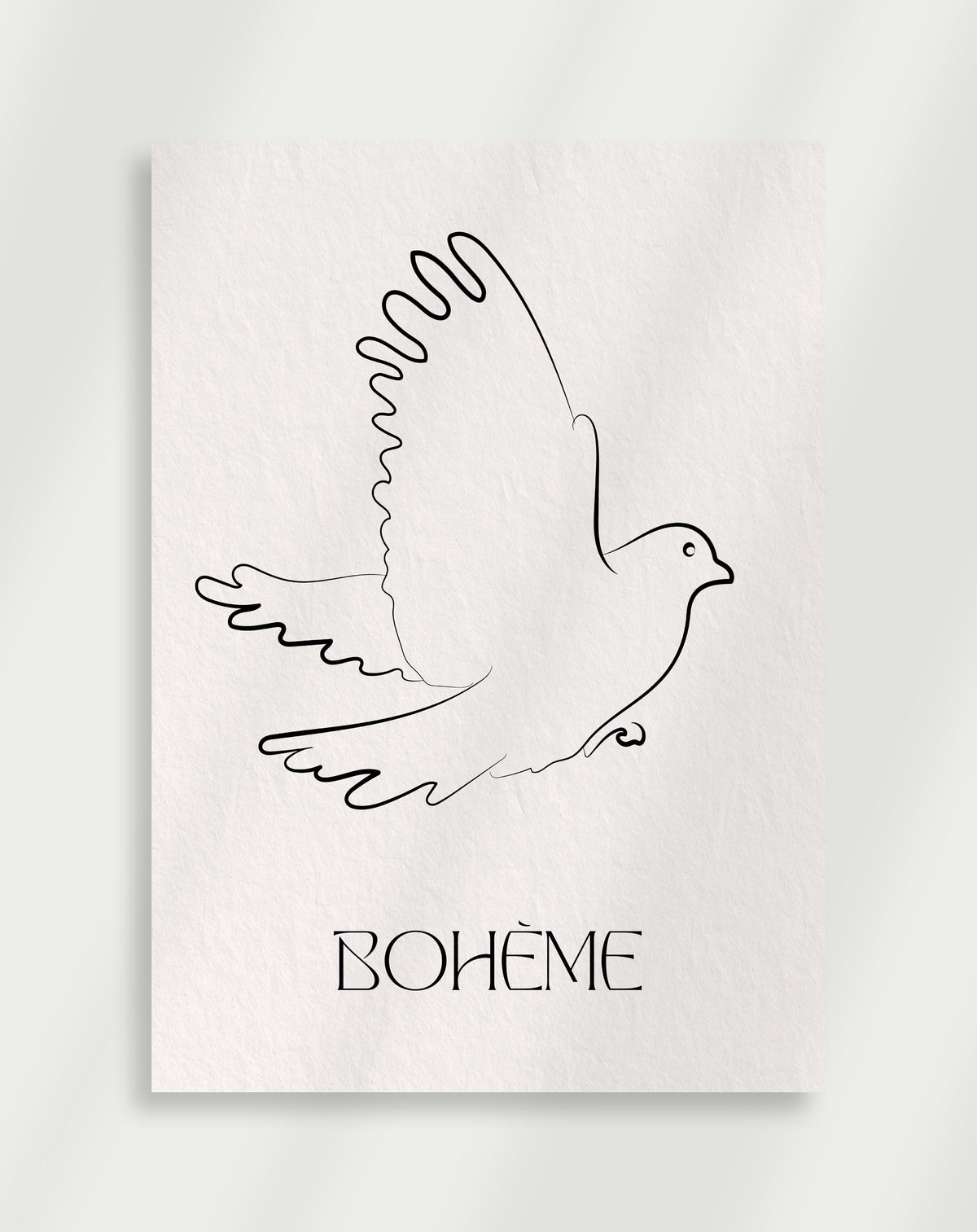 Boho boheme bird poster with a minimalist black line drawing of a bird in flight labeled Boheme