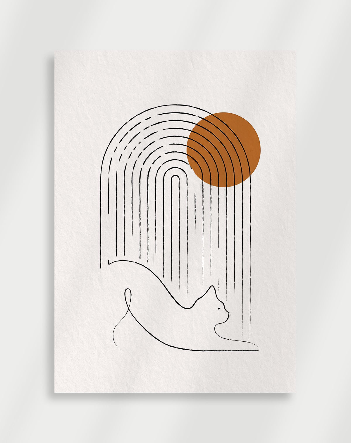 Boho cat arches poster with a minimalist black line drawing of a cat under concentric arches and an orange circle