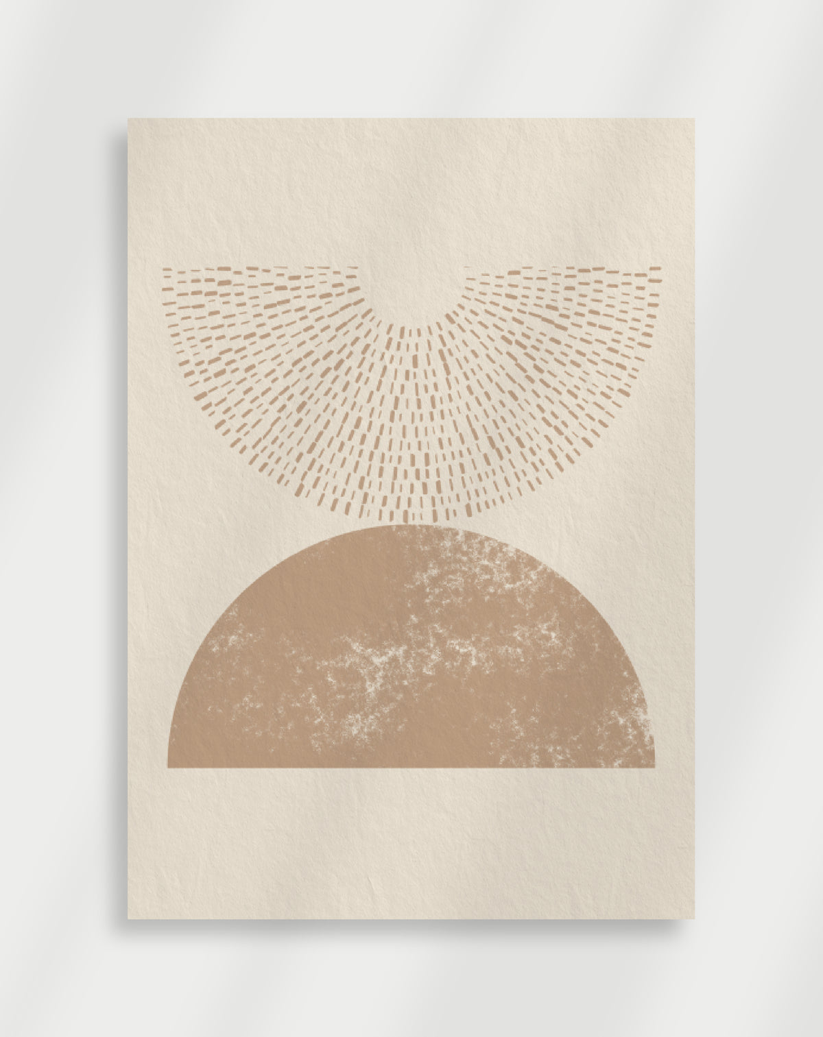 Boho dashed sunburst semicircle poster with a minimalist composition of a dashed semi-circular sunburst above a solid beige semi-circle