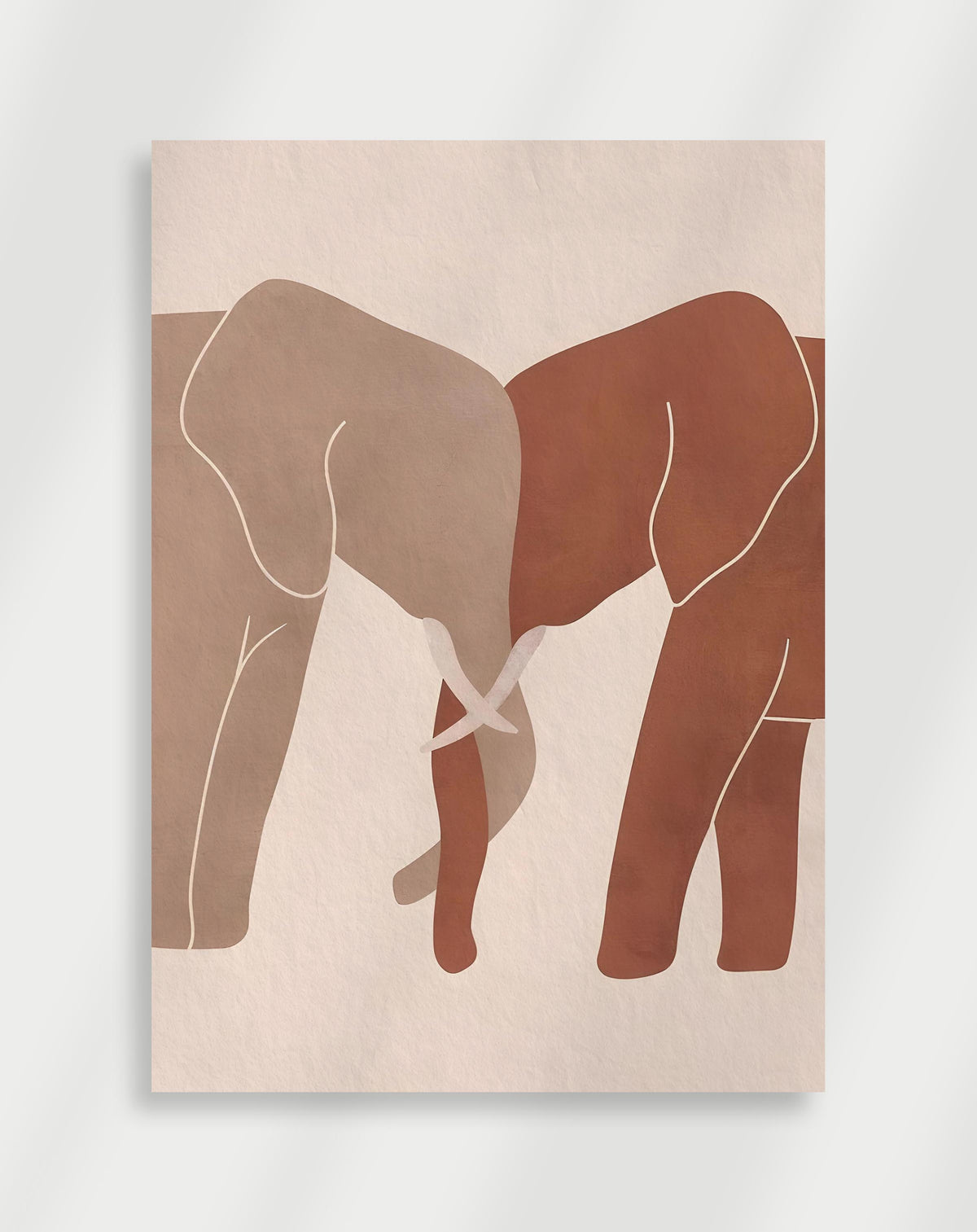 Boho elephants abstract poster with a minimalist abstract illustration of two elephants in beige and terracotta tones