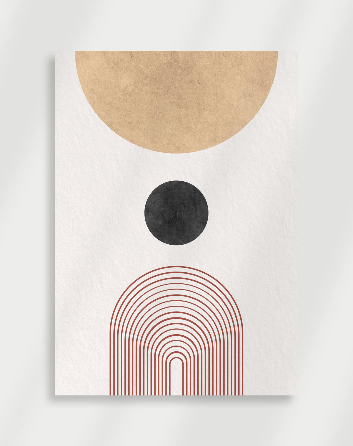 Boho geometric arches circles poster with a minimalist geometric composition of a beige semi-circle, black circle and red concentric arches