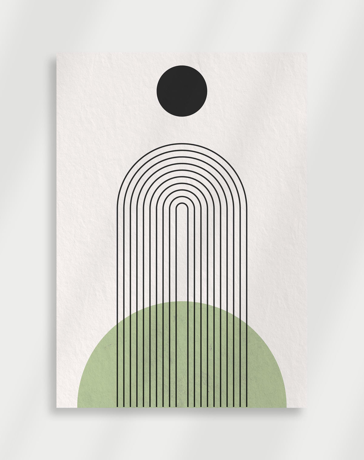 Boho geometric arches poster with a minimalist geometric composition of black concentric arches, vertical lines and a green semi-circle