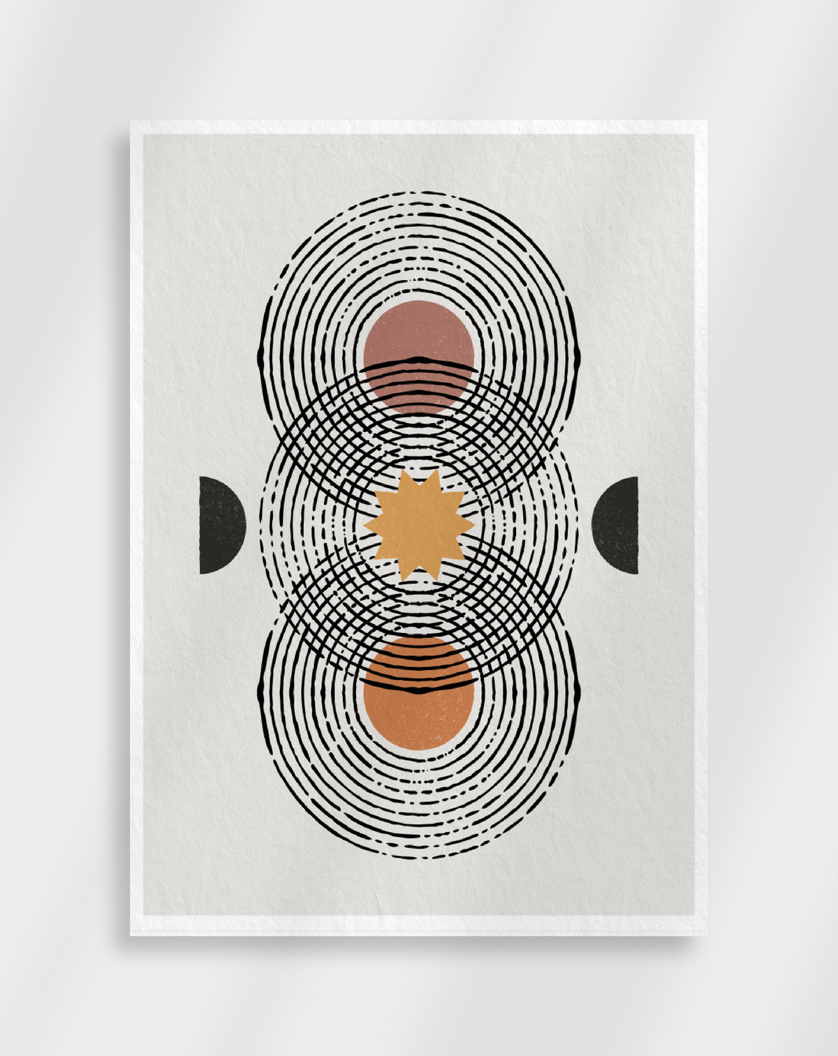 Boho geometric circles star poster with a minimalist geometric composition of black concentric circles, earth-toned circles and a yellow star