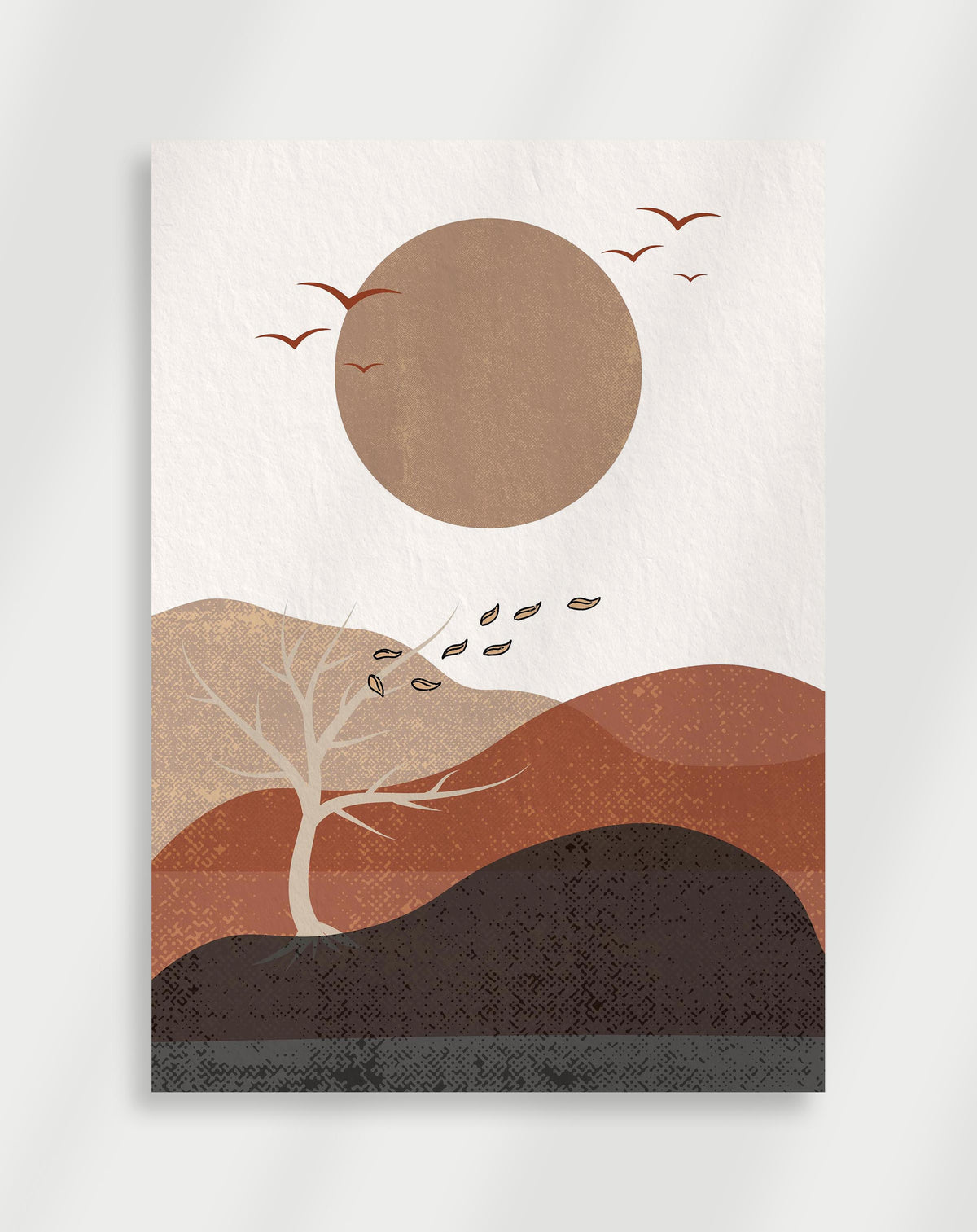 Boho landscape sun tree poster with a minimalist landscape of layered earth-toned hills, a bare tree, a large sun and birds