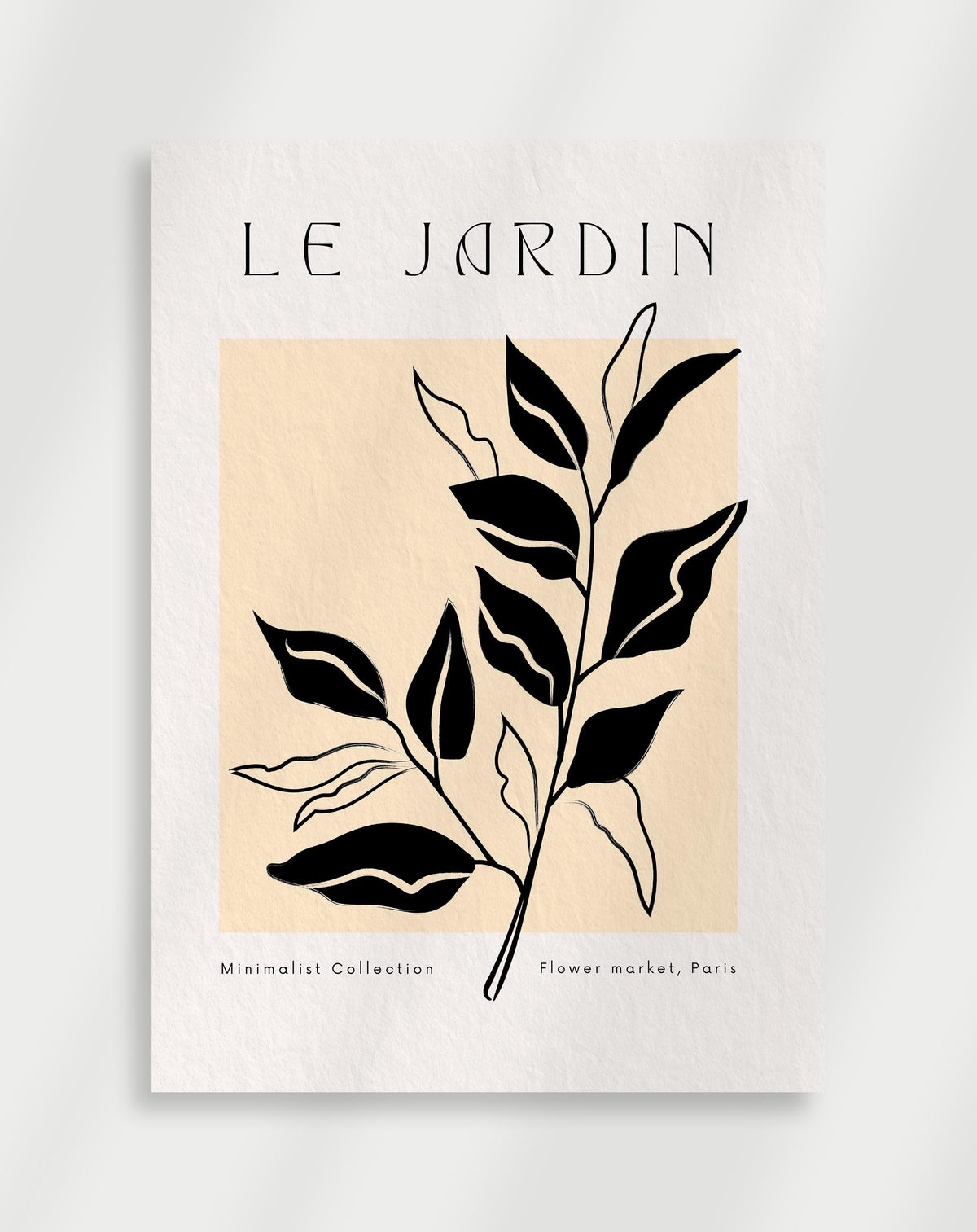Boho le jardin leaf poster with a minimalist black line drawing of a leafy branch labeled Le Jardin