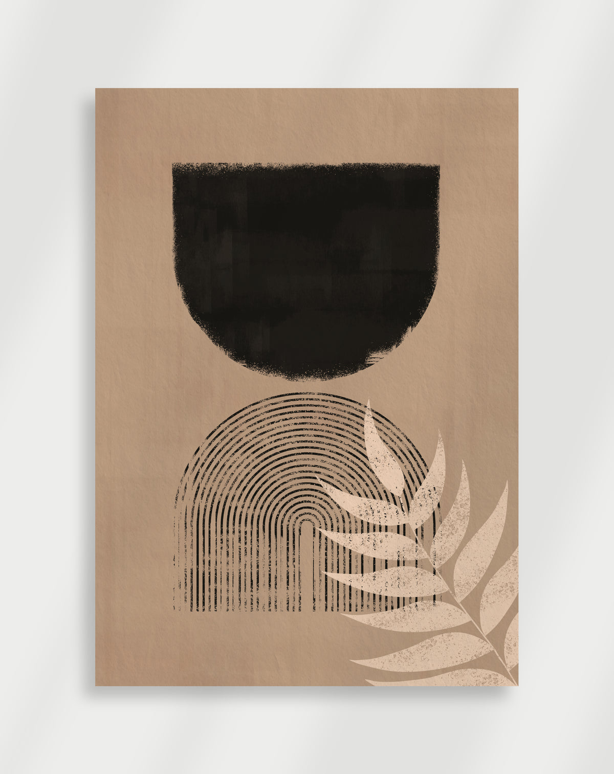 Boho leaf arches poster with a minimalist composition of a black semi-circle, concentric arches and a beige leaf silhouette