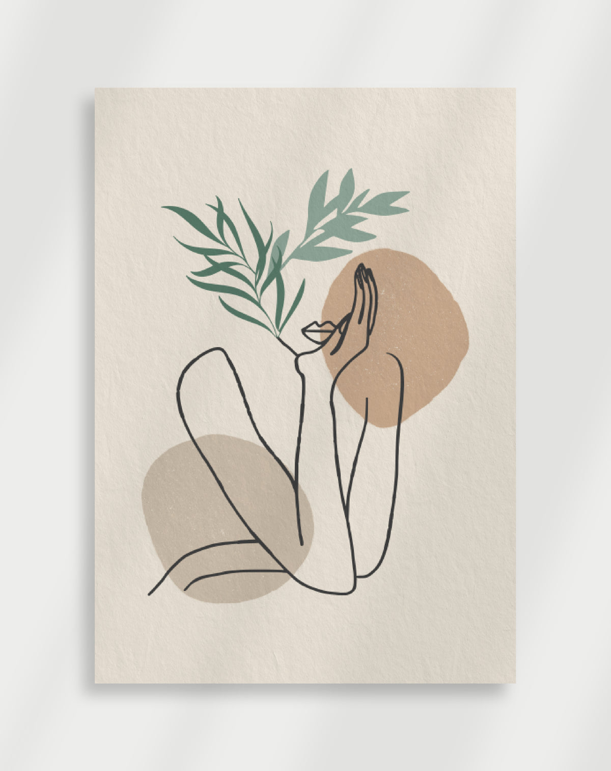 Boho line figure leaves poster with a minimalist line drawing of a seated figure with green leaves and beige shapes