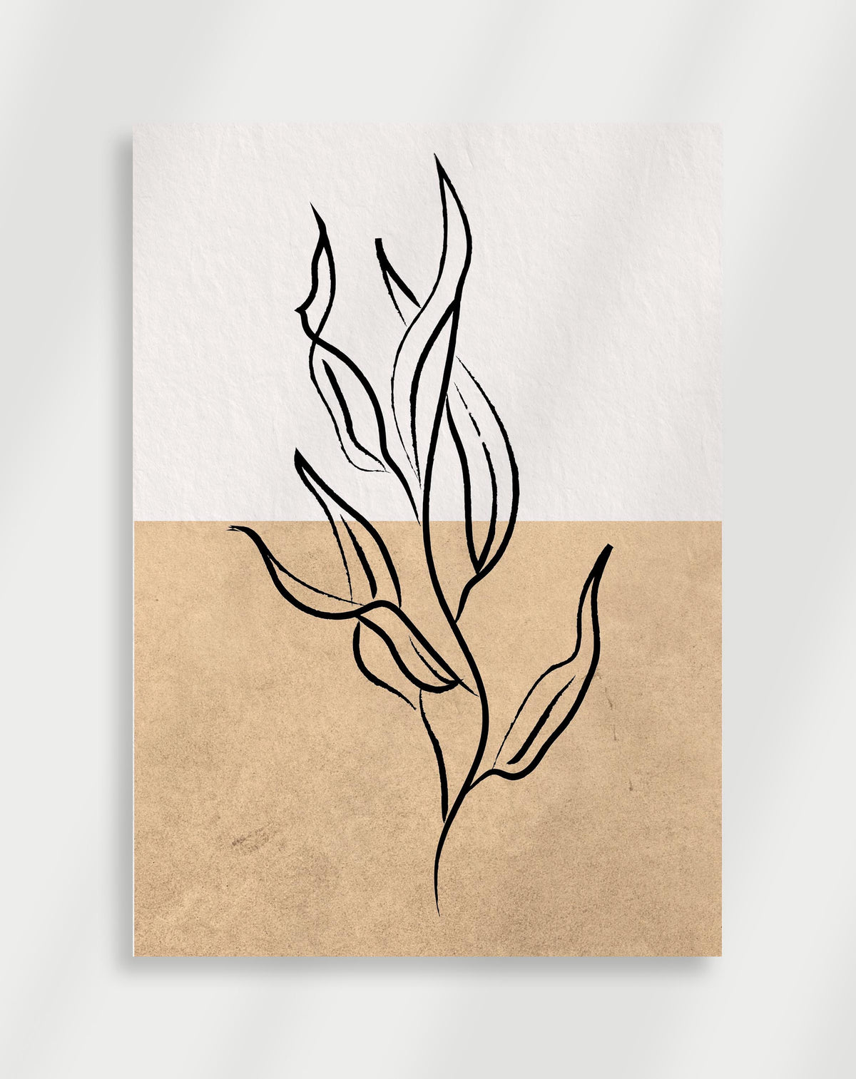 Boho plant line drawing poster with a minimalist black line drawing of a leafy plant on a split white and beige background