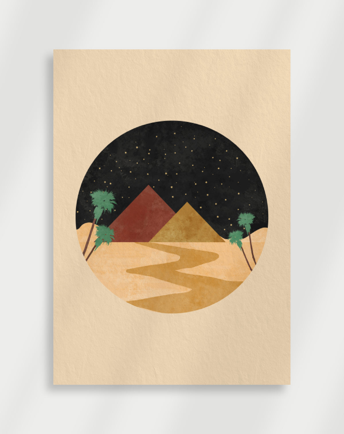 Boho pyramids desert poster with a circular minimalist illustration of pyramids, palm trees and a starry night sky