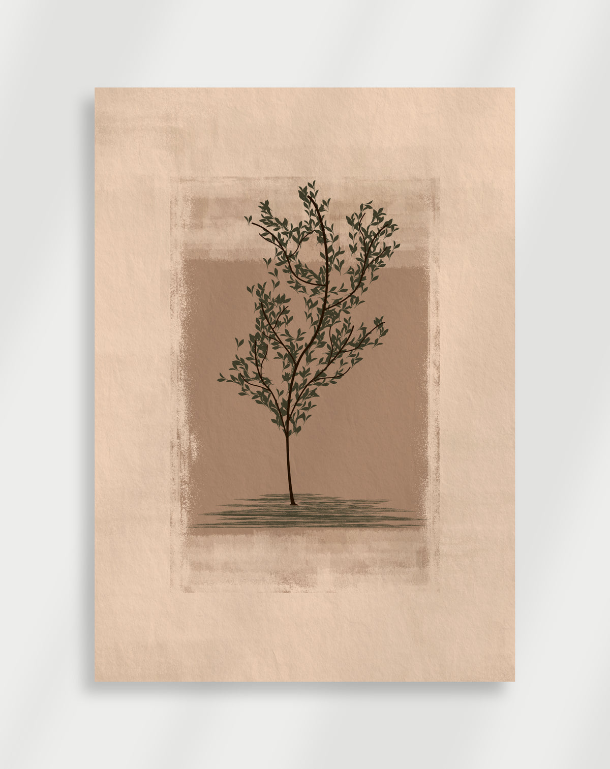 Boho small tree poster with a minimalist illustration of a small tree with green leaves on a peach background