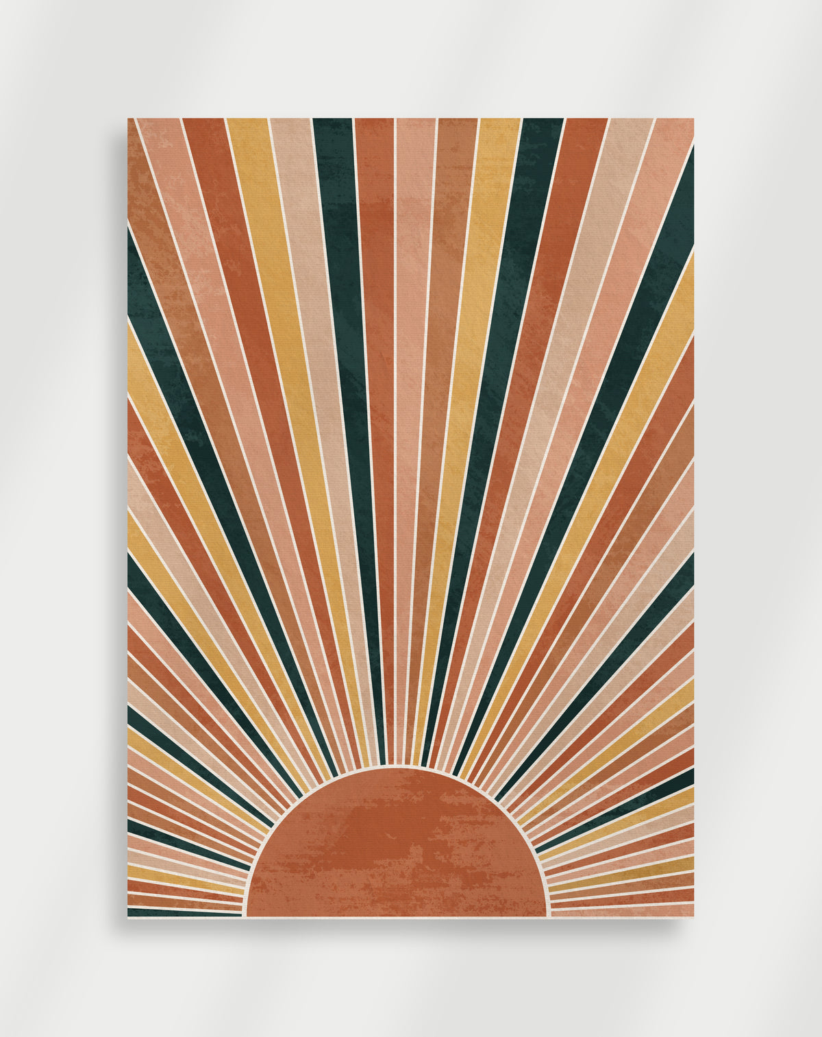 Boho sunburst earth tones poster with a colorful sunburst composition of radiating stripes in earth tones and teal
