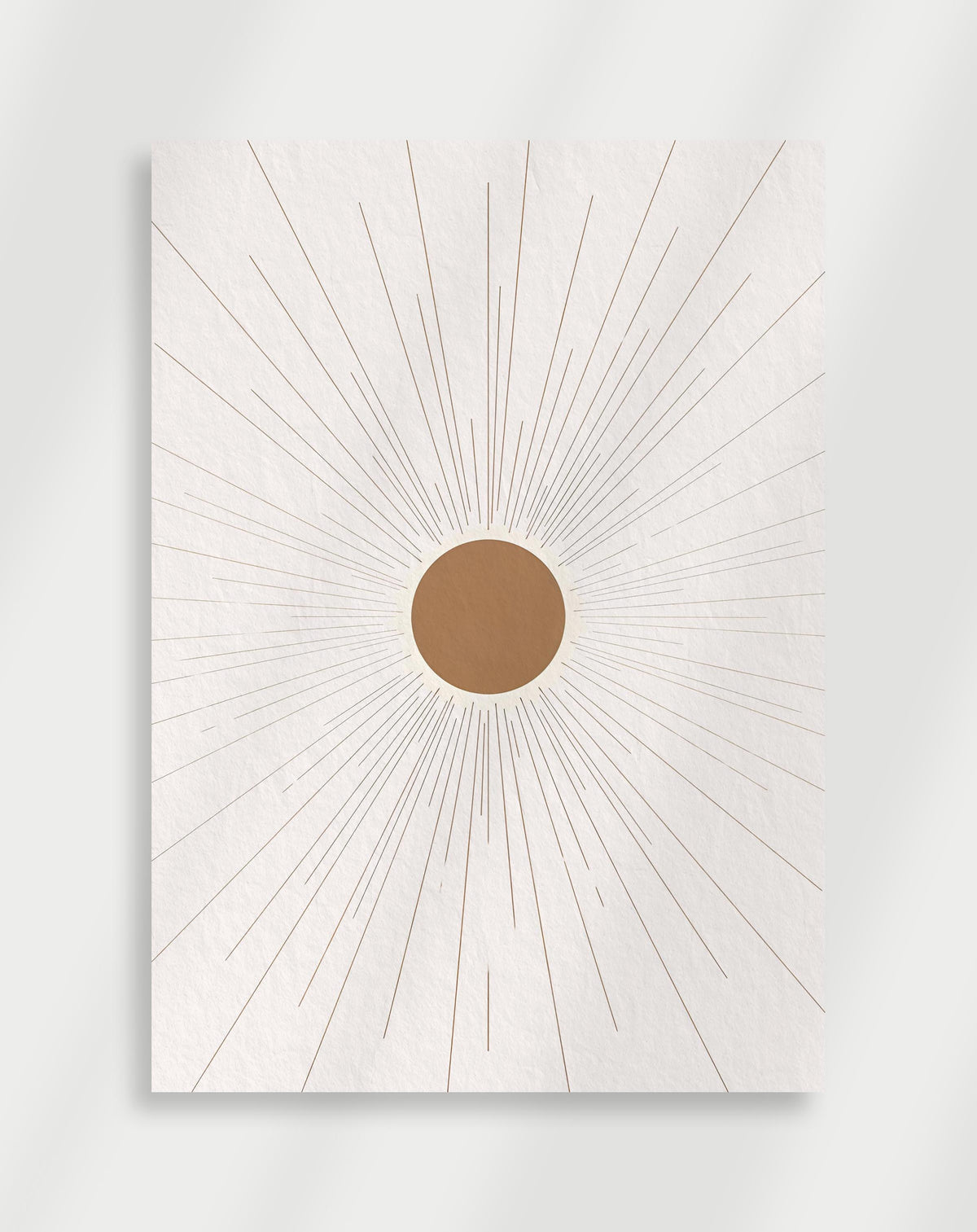 Boho sunburst terracotta poster with a minimalist design of a terracotta circle and thin radiating lines on a white background