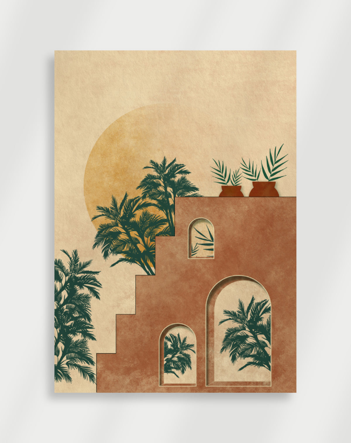 Boho terracotta building palms poster with a minimalist architectural illustration of a terracotta building with arched windows, palm trees and a large sun