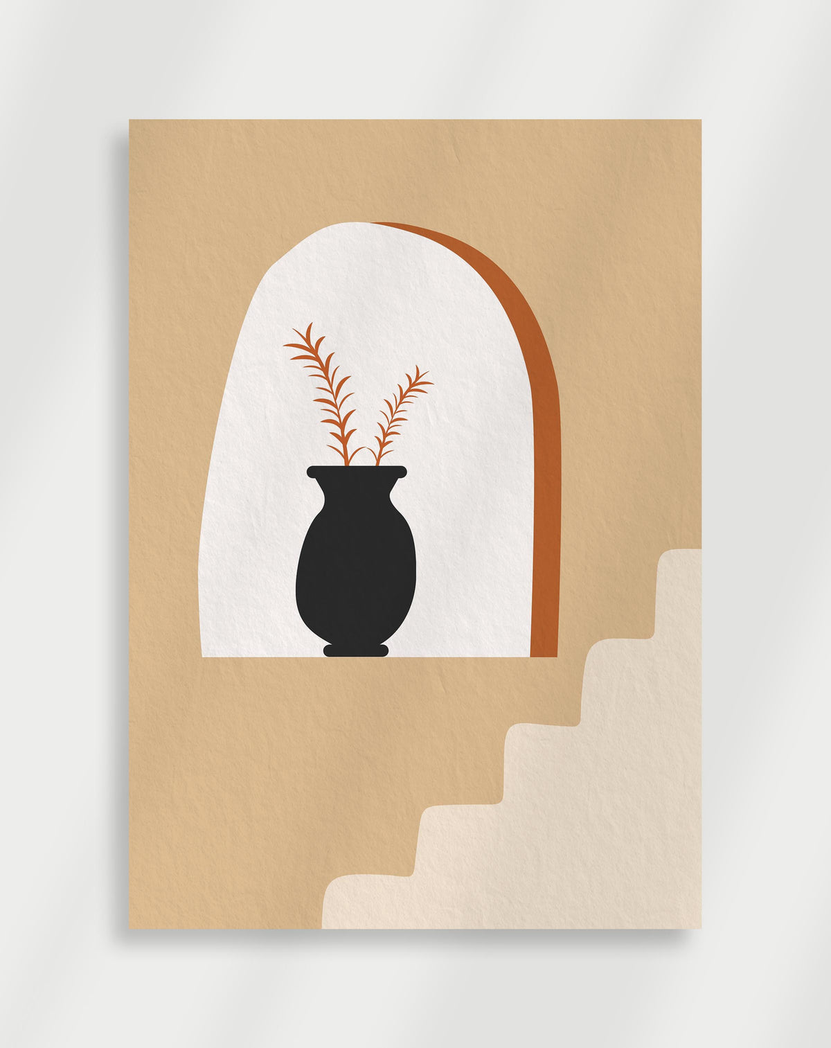 Boho vase arch poster with a minimalist illustration of a black vase with orange plants inside a white arch on a tan background
