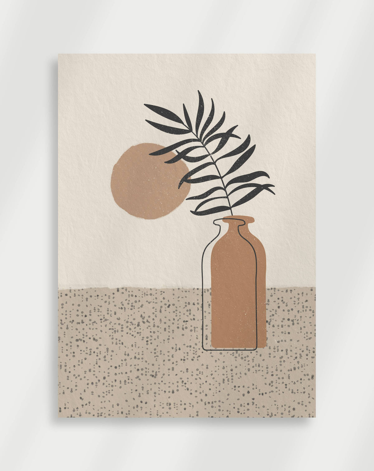 Boho vase leaf still life poster with a minimalist still life of a vase, black leaf, beige circle and dotted lower section