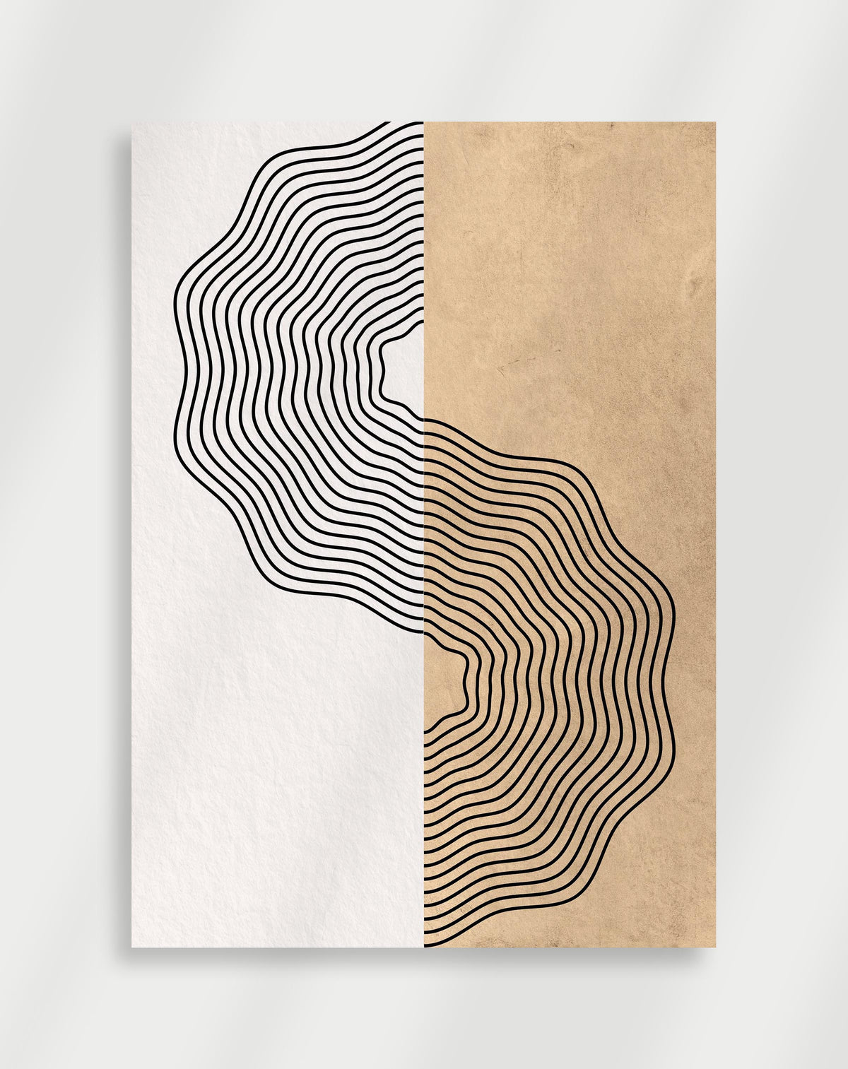Boho wavy lines split poster with an abstract composition of black wavy parallel lines on a split white and beige background