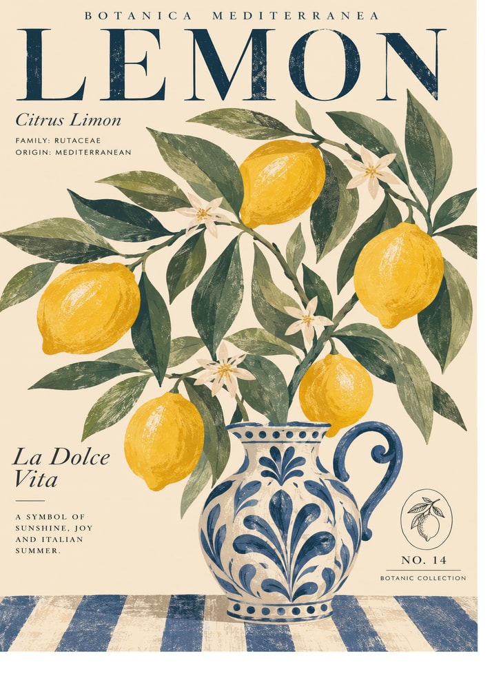 Botanica mediterranea lemon poster with a vintage botanical illustration of lemons in a blue and white ceramic pitcher