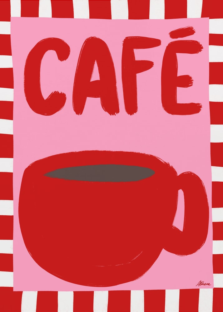 Cafe red cup poster with a red coffee cup and the text CAFÉ on pink with stripes