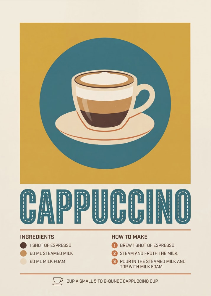 Cappuccino poster with a layered coffee cup illustration and recipe text