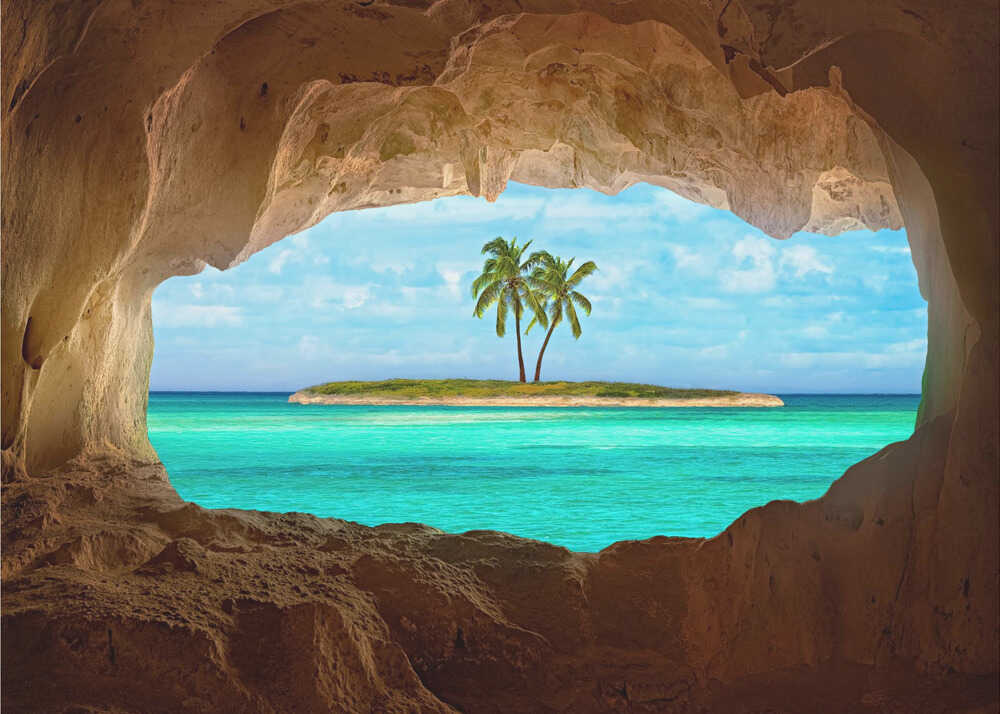 Cave island view poster with a view from inside a cave of a small island with palm trees in turquoise water