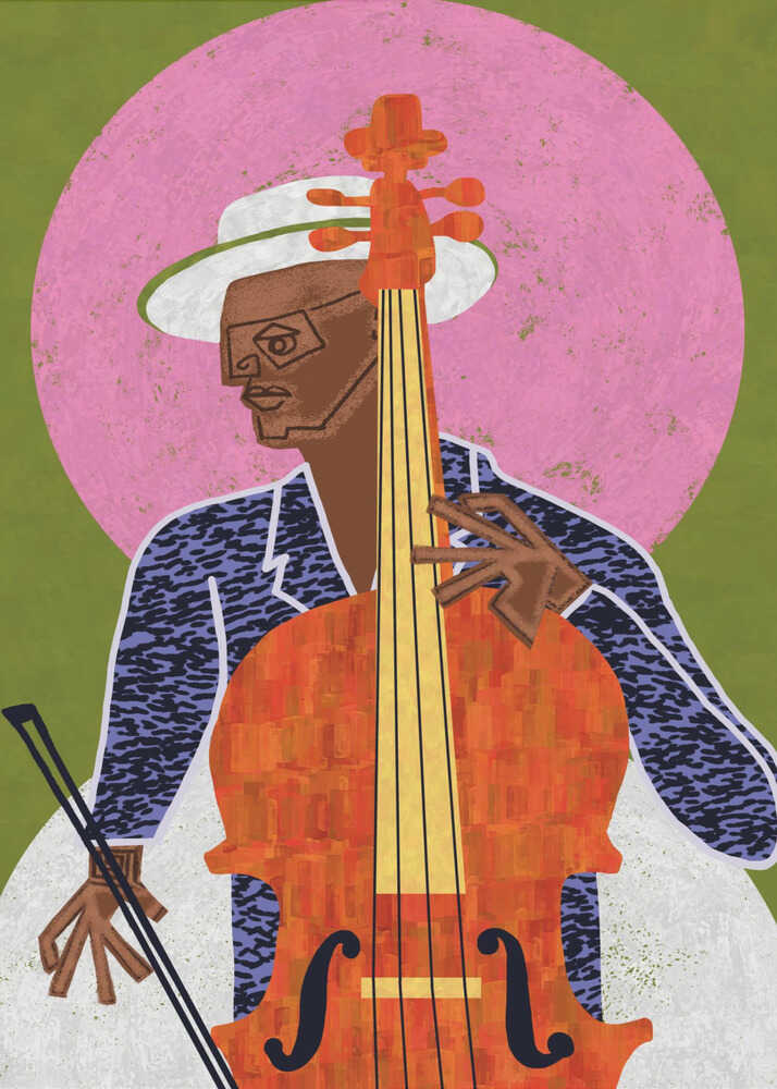 Cello player illustration poster with a stylized graphic of a man playing a cello against a pink circle