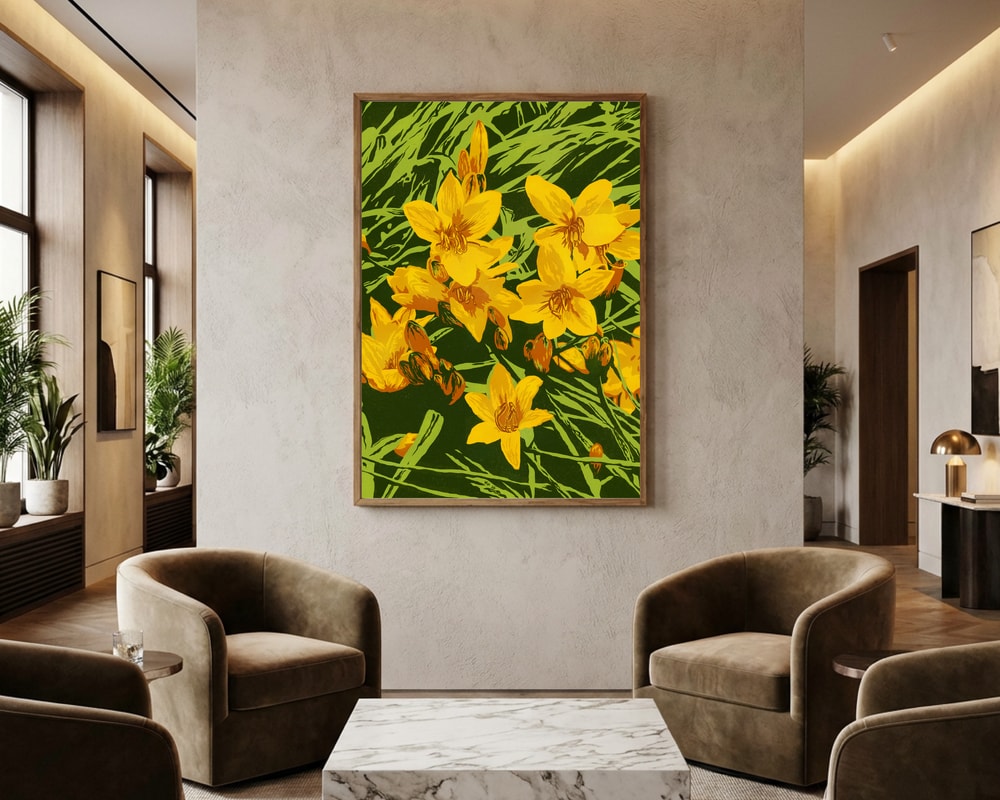 Plakat med strålende gyldne blomster