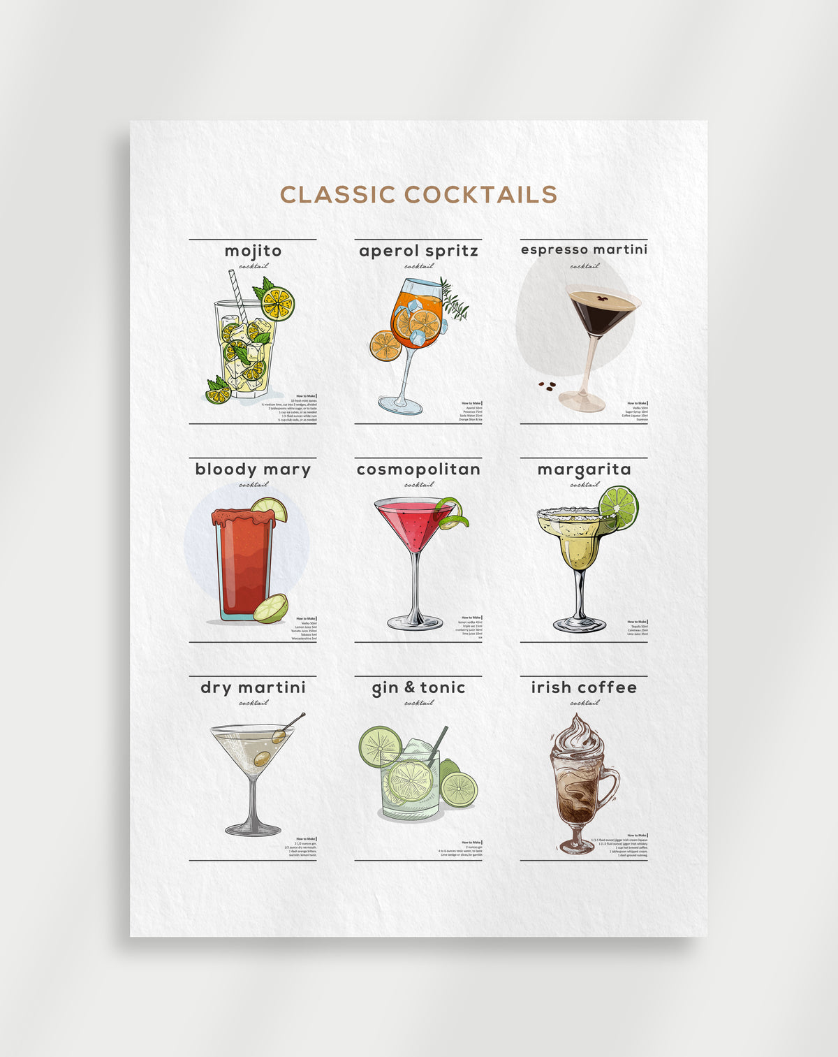 Classic cocktails guide poster with a grid of nine illustrated cocktails including mojito, aperol spritz and margarita