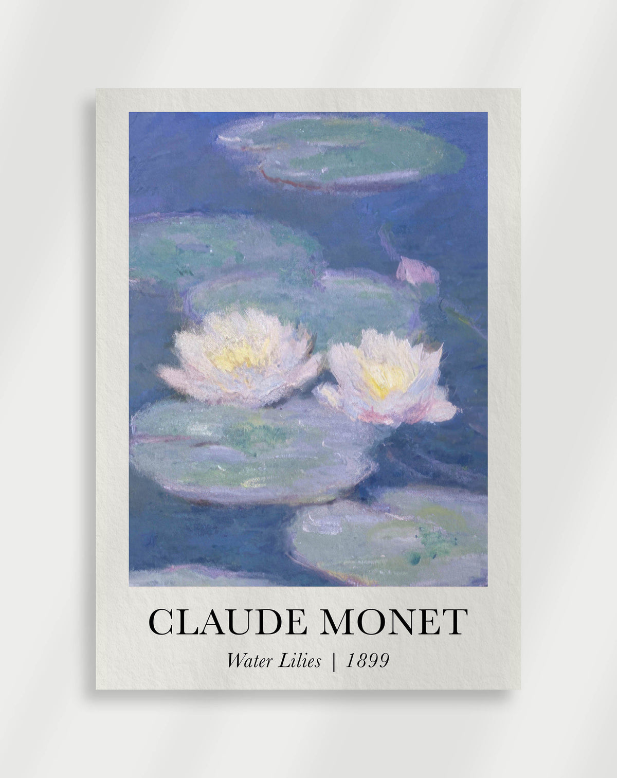 A poster of Claude Monet's 'Water Lilies' painting, featuring a colorful depiction of water lilies on a pond with a clear blue sky and green foliage in the background.