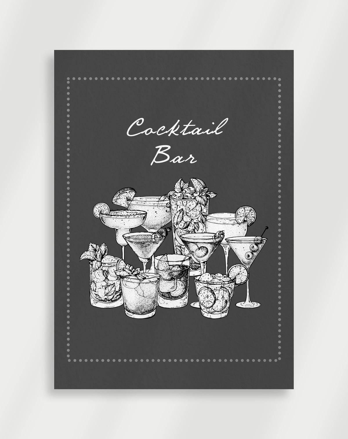 Cocktail bar illustration poster with a black and white line drawing of various cocktail glasses labeled Cocktail Bar
