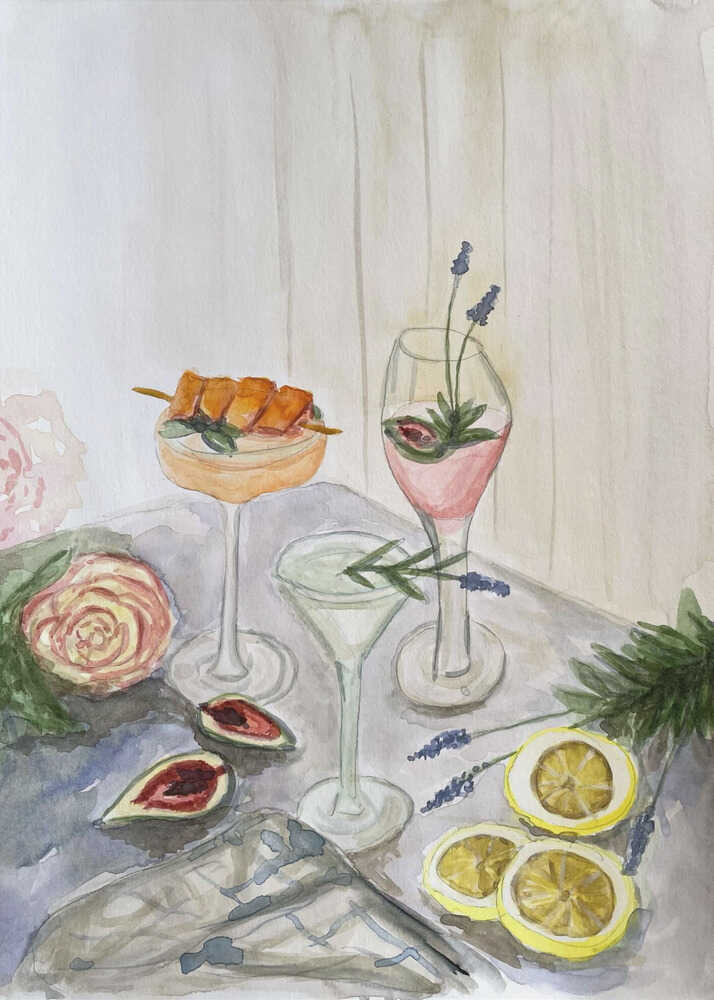 Cocktails lemons watercolor poster with a watercolor still life of cocktails, lemon slices, figs and flowers on a table