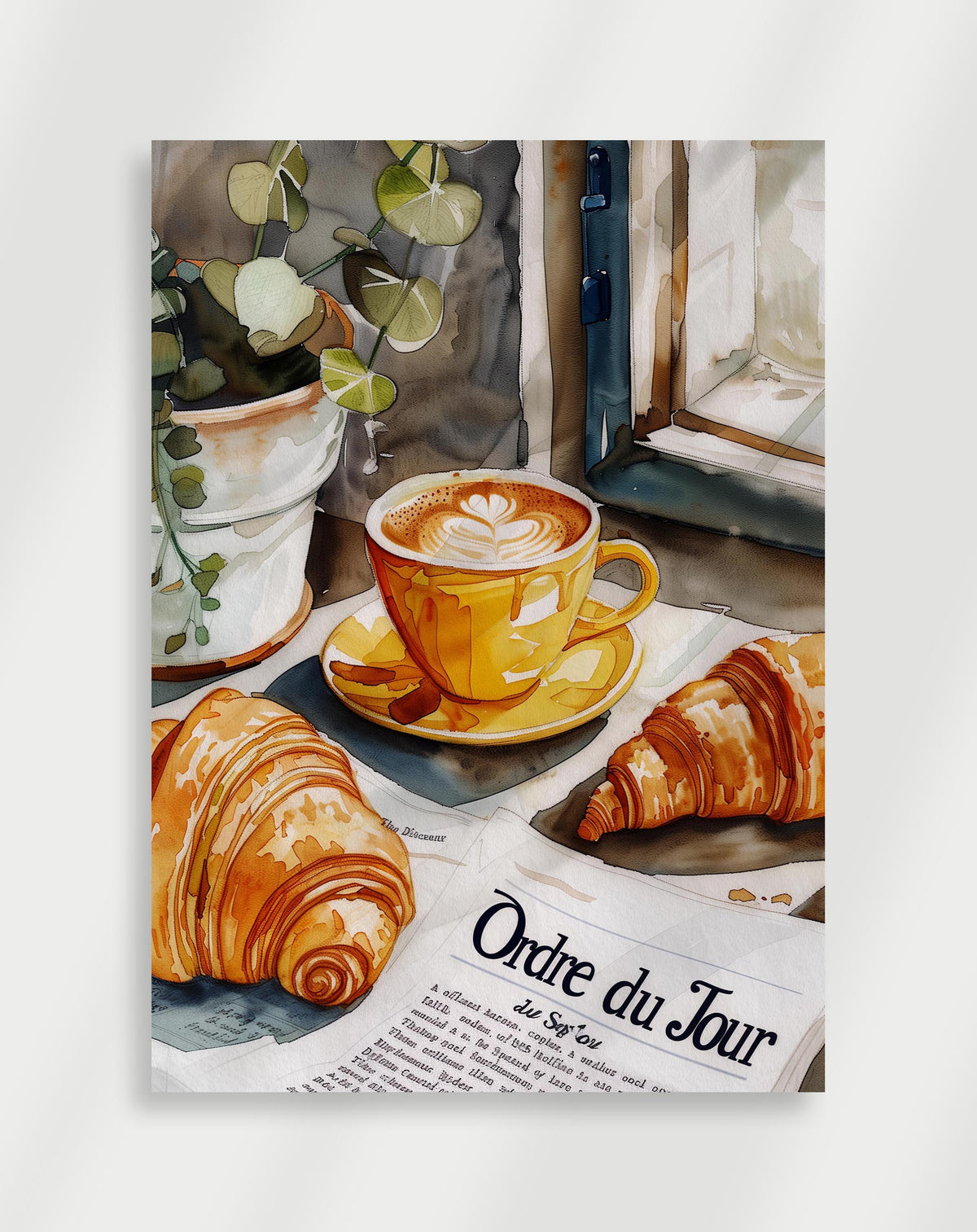 Coffee croissants watercolor poster with a watercolor of a yellow coffee cup with latte art, croissants and a potted plant by a window