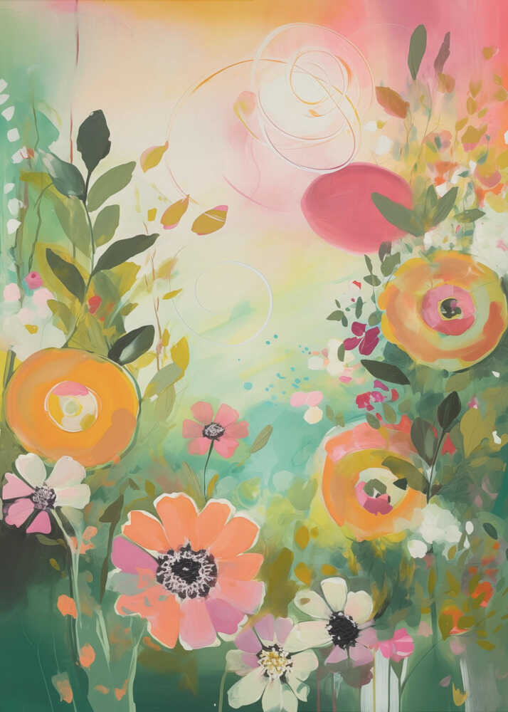 Colorful abstract floral painting poster with a vibrant abstract floral painting of orange pink and white flowers with green leaves