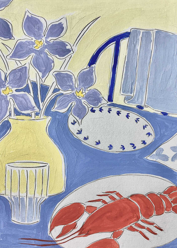Colorful still life lobster flowers poster with a naive illustration of purple flowers a red lobster and a yellow vase on a blue table