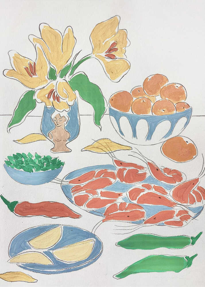 Colorful still life shrimp flowers poster with a naive illustration of yellow flowers shrimp oranges and peppers on a table