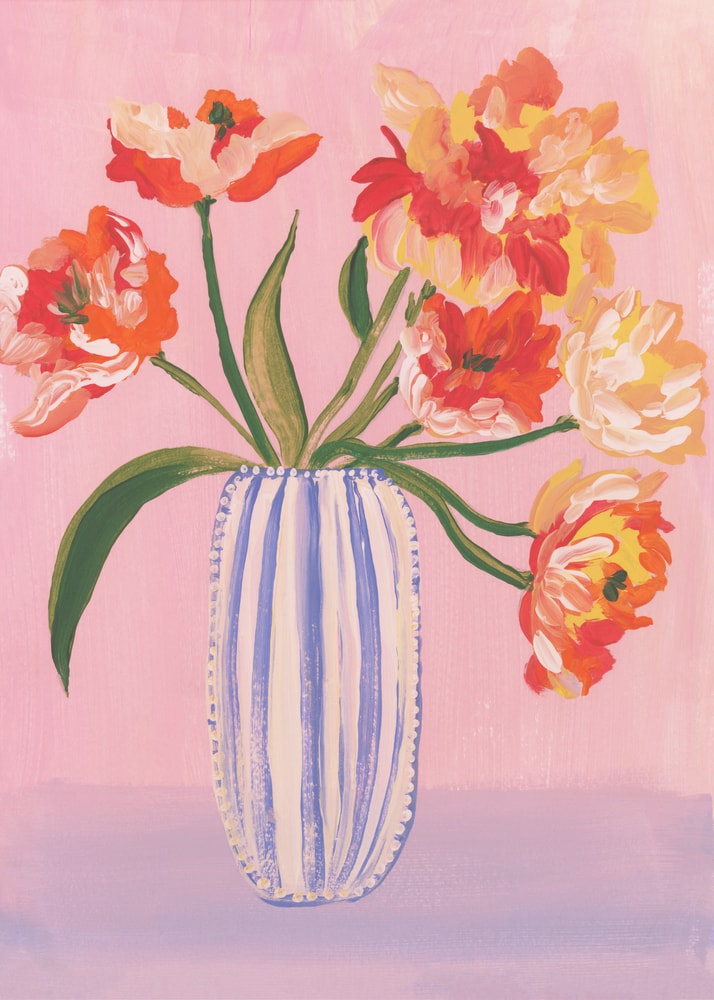 Colorful tulips striped vase poster with a painterly still life of red orange and yellow tulips in a blue and white striped vase