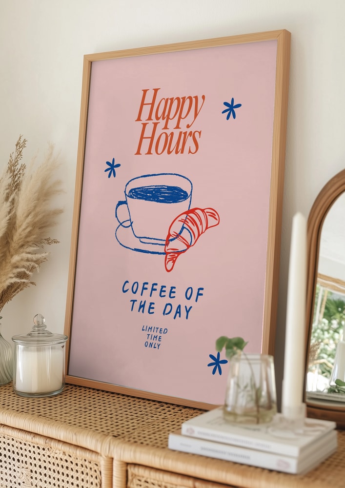 Plakat med kaffe og croissant til Happy Hour
