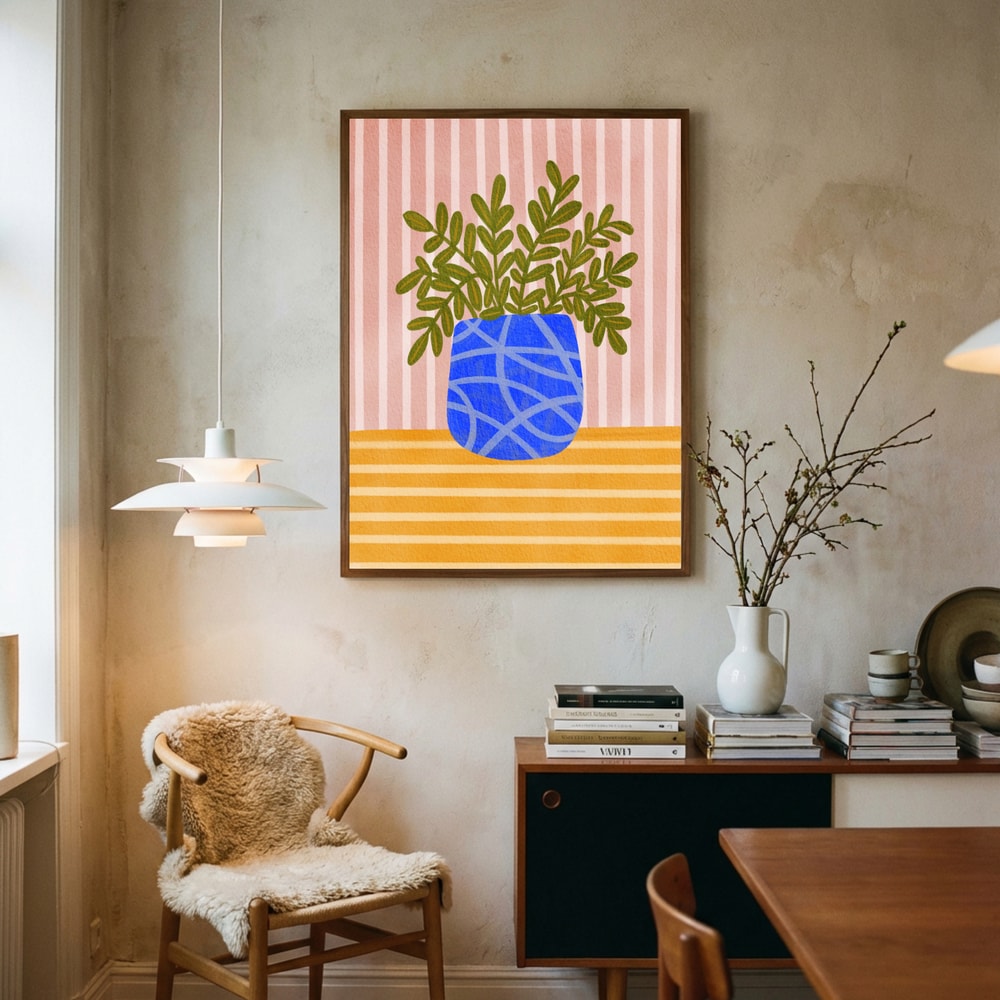 Plakat: Grønne stueplanter i farverige illustrationer