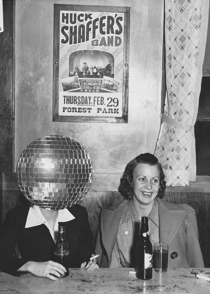 Disco ball head poster with a black and white view of a person with a disco ball head sitting next to a woman