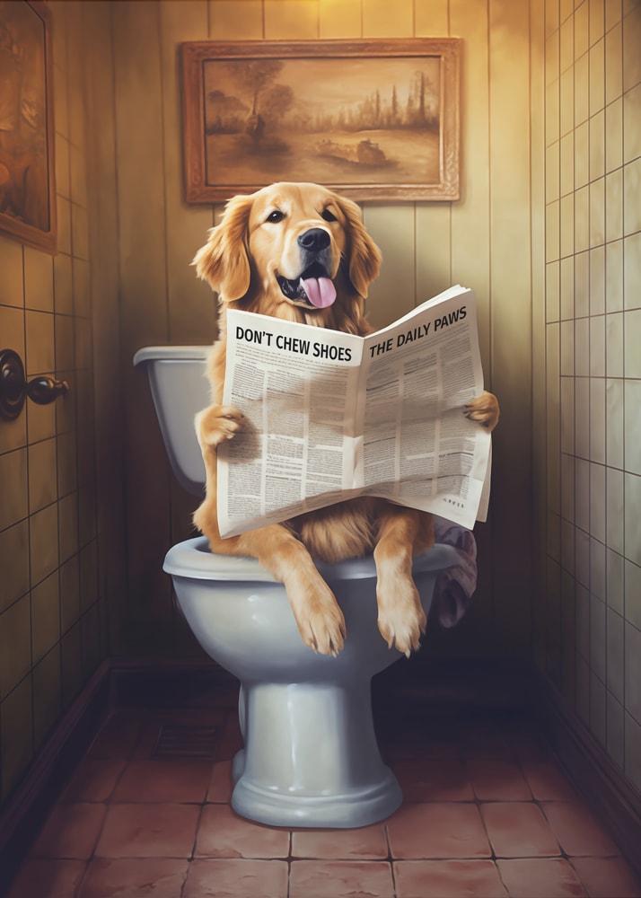Dog on toilet poster with a golden retriever reading a newspaper on the toilet